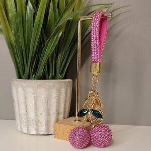 Pink Cherry Rhinestone Keychain Bag Charm